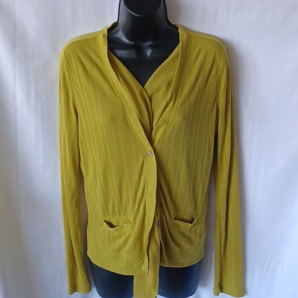 Simply Vera Vera Wang Yellow-Green V Neck Cardigan Sweater with built-in scarf